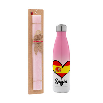 Spain flag, Easter Set, Metallic pink/white (Stainless steel) thermos, double-walled, 500ml & aromatic flat Easter candle (30cm) (PINK)