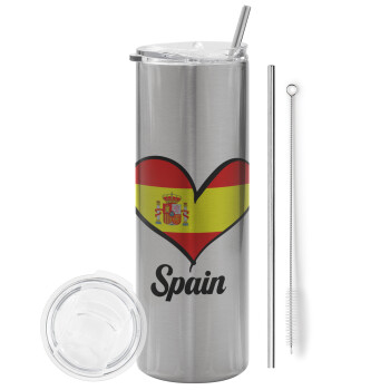 Spain flag, Eco friendly stainless steel Silver tumbler 600ml, with metal straw & cleaning brush