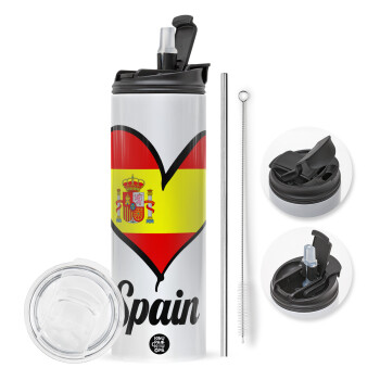 Spain flag, Travel Tumbler θερμό με διπλό καπάκι, μεταλλικό καλαμάκι και βούρτσα καθαρισμού (Ανωξείδωτο 304 Food grade, BPA free, 600ml)