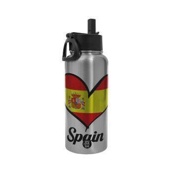 Spain flag, Metal mug thermo Silver with Straw and Spout Lid (Stainless steel), double wall, 950ml