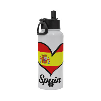 Spain flag, Metal mug thermo White with Straw and Spout Lid (Stainless steel), double wall, 950ml