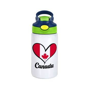 Canada flag, Children's hot water bottle, stainless steel, with safety straw, green, blue (350ml)