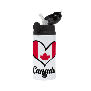 Canada flag, Children's hot water bottle, stainless steel, with safety straw, Black (360ml) BPA-FREE