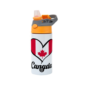 Canada flag, Children's hot water bottle, stainless steel, with safety straw, Orange/Grey (360ml) BPA-FREE