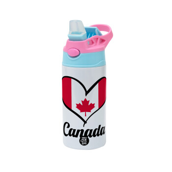 Canada flag, Children's hot water bottle, stainless steel, with safety straw, Pink/BlueCiel (360ml) BPA FREE