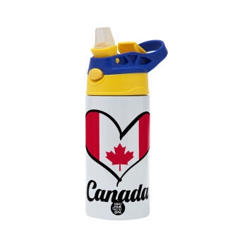 Canada flag, Children's hot water bottle, stainless steel, with safety straw, green, blue (360ml) BPA FREE