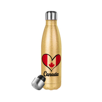 Canada flag, Glitter gold stainless steel thermos bottle, double-walled, 500ml