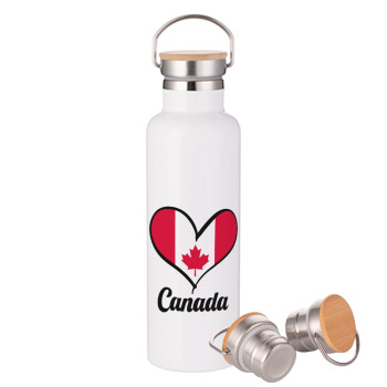 Canada flag, Stainless steel White with wooden lid (bamboo), double wall, 750ml