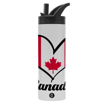 Canada flag, Metallic thermos bottle with straw & handle, stainless steel (Stainless steel 304), double-walled, 600ml.