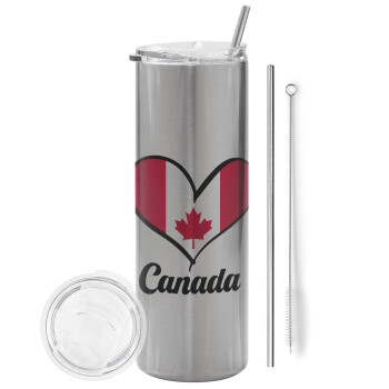 Canada flag, Eco friendly stainless steel Silver tumbler 600ml, with metal straw & cleaning brush