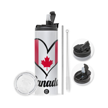 Canada flag, Travel Tumbler θερμό με διπλό καπάκι, μεταλλικό καλαμάκι και βούρτσα καθαρισμού (Ανωξείδωτο 304 Food grade, BPA free, 600ml)