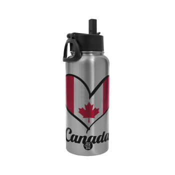 Canada flag, Metal mug thermo Silver with Straw and Spout Lid (Stainless steel), double wall, 950ml