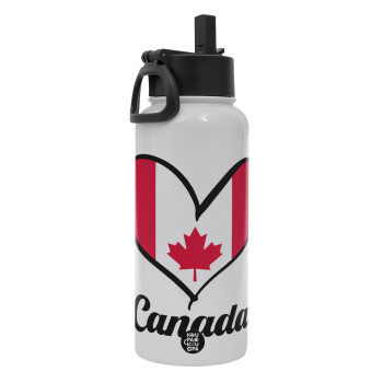 Canada flag, Metal mug thermo White with Straw and Spout Lid (Stainless steel), double wall, 950ml