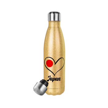 Japan flag, Glitter gold stainless steel thermos bottle, double-walled, 500ml