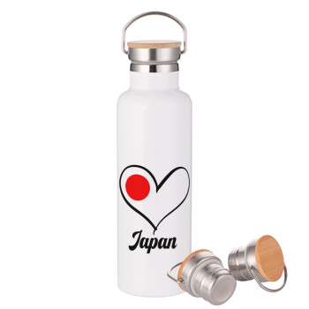 Japan flag, Stainless steel White with wooden lid (bamboo), double wall, 750ml
