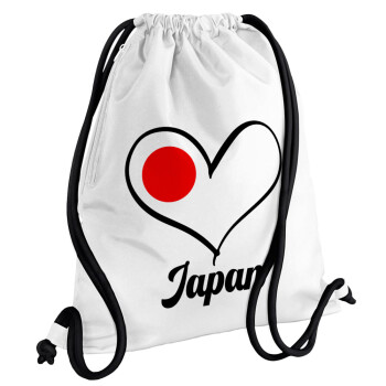 Japan flag, Τσάντα πλάτης πουγκί GYMBAG λευκή, με τσέπη (40x48cm) & χονδρά κορδόνια