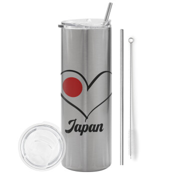 Japan flag, Eco friendly stainless steel Silver tumbler 600ml, with metal straw & cleaning brush