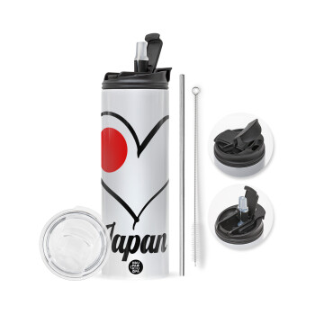 Japan flag, Travel Tumbler θερμό με διπλό καπάκι, μεταλλικό καλαμάκι και βούρτσα καθαρισμού (Ανωξείδωτο 304 Food grade, BPA free, 600ml)