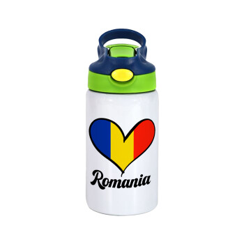 Romania flag, Children's hot water bottle, stainless steel, with safety straw, green, blue (350ml)