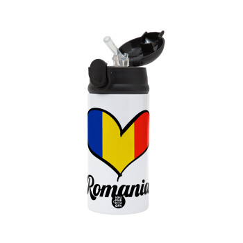 Romania flag, Children's hot water bottle, stainless steel, with safety straw, Black (360ml) BPA-FREE