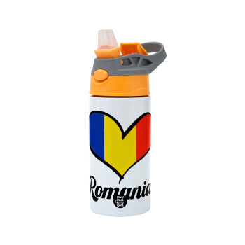 Romania flag, Children's hot water bottle, stainless steel, with safety straw, Orange/Grey (360ml) BPA-FREE