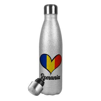 Romania flag, Metallic Glitter Silver Thermos Flask (Stainless steel), double-walled, 500ml