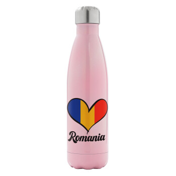 Romania flag, Metal mug thermos Pink Iridiscent (Stainless steel), double wall, 500ml
