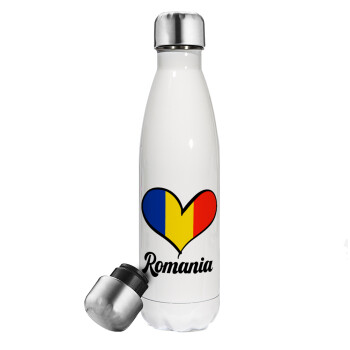 Romania flag, Metal mug thermos White (Stainless steel), double wall, 500ml
