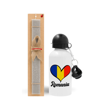 Romania flag, Easter Set, metallic aluminum water bottle (500ml) & aromatic flat Easter candle (30cm) (GRAY)