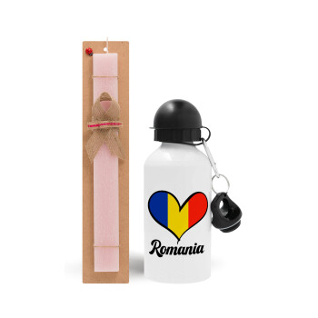 Romania flag, Easter Set, metallic aluminum bottle (500ml) & aromatic flat Easter candle (30cm) (PINK)