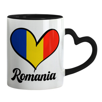 Romania flag, Mug heart black handle, ceramic, 330ml