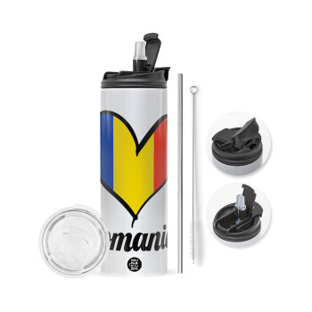 Romania flag, Travel Tumbler θερμό με διπλό καπάκι, μεταλλικό καλαμάκι και βούρτσα καθαρισμού (Ανωξείδωτο 304 Food grade, BPA free, 600ml)