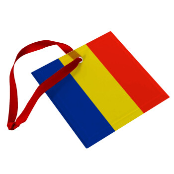 Romania flag, Στολίδι Χριστουγεννιάτικο στολίδι γυάλινο τετράγωνο 9x9cm