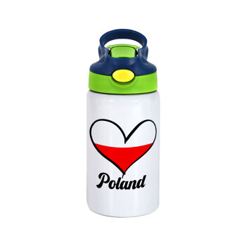 Poland flag, Children's hot water bottle, stainless steel, with safety straw, green, blue (350ml)