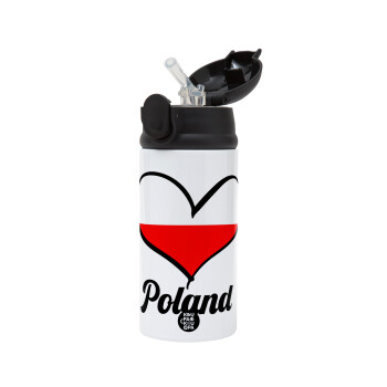 Poland flag, Children's hot water bottle, stainless steel, with safety straw, Black (360ml) BPA-FREE