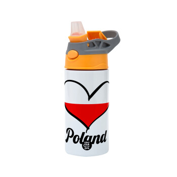 Poland flag, Children's hot water bottle, stainless steel, with safety straw, Orange/Grey (360ml) BPA-FREE