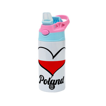 Poland flag, Children's hot water bottle, stainless steel, with safety straw, Pink/BlueCiel (360ml) BPA FREE