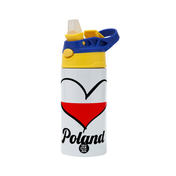 Poland flag, Children's hot water bottle, stainless steel, with safety straw, green, blue (360ml) BPA FREE