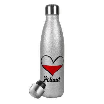 Poland flag, Metallic Glitter Silver Thermos Flask (Stainless steel), double-walled, 500ml