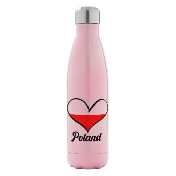 Poland flag, Metal mug thermos Pink Iridiscent (Stainless steel), double wall, 500ml