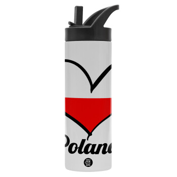 Poland flag, Metallic thermos bottle with straw & handle, stainless steel (Stainless steel 304), double-walled, 600ml.