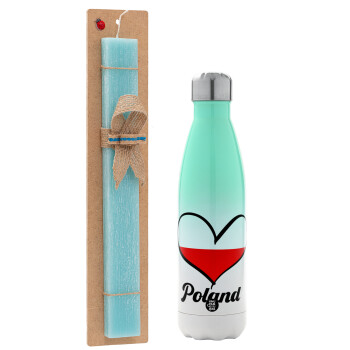 Poland flag, Easter Set, Metallic green/white thermos (Stainless steel), double-walled, 500ml & scented flat Easter candle (30cm) (TURQUOISE)