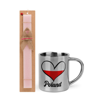 Poland flag, Easter Set, metallic thermal cup (300ml) & aromatic flat Easter candle (30cm) (PINK)