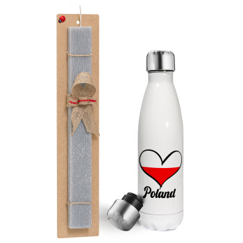 Poland flag, Easter candle, metallic white thermos bottle (500ml) & aromatic flat candle (30cm) (GRAY)