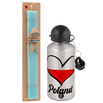 Poland flag, Easter Set, metallic silver aluminum water bottle (500ml) & scented flat Easter candle (30cm) (TURQUOISE)