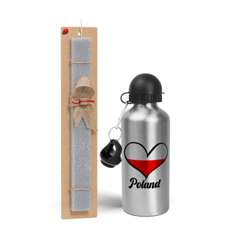 Poland flag, Easter Set, metallic silver aluminum water bottle (500ml) & aromatic flat Easter candle (30cm) (GRAY)