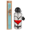 Easter Set, metallic silver aluminum water bottle (500ml) & scented flat Easter candle (30cm) (TURQUOISE)