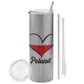 Poland flag, Eco friendly ποτήρι θερμό Ασημένιο (tumbler) από ανοξείδωτο ατσάλι 600ml, με μεταλλικό καλαμάκι & βούρτσα καθαρισμού