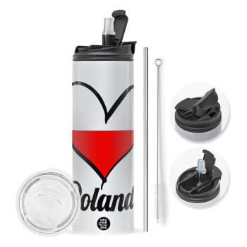 Poland flag, Travel Tumbler 2 Lids, with metal straw & cleaning brush (Stainless steel 304 Food grade, BPA free, 600ml)