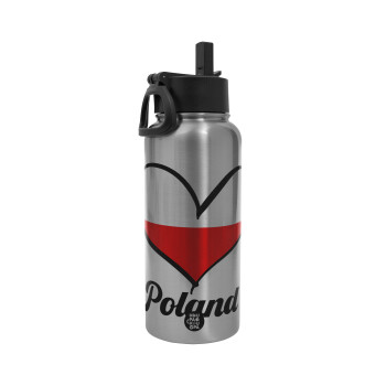 Poland flag, Metal mug thermo Silver with Straw and Spout Lid (Stainless steel), double wall, 950ml